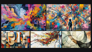 Mozaïek van vijf schilderijen, waaronder Kleurrijke explosie, Abstracte geometrische vormen en Moderne Muurschildering