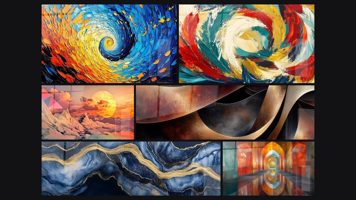 Mosaic of six paintings, including Colorful Cosmic Spiral, Crystalline futuristic landscape and Liquid Marble Eternity Blue