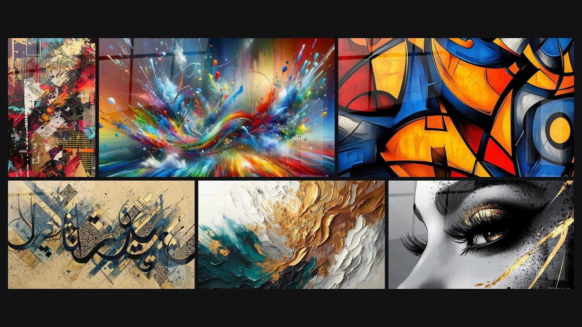Mosaïque de six tableaux, dont Collage urbain, Calligraphie arabe moderne et Trace en Or et Jade