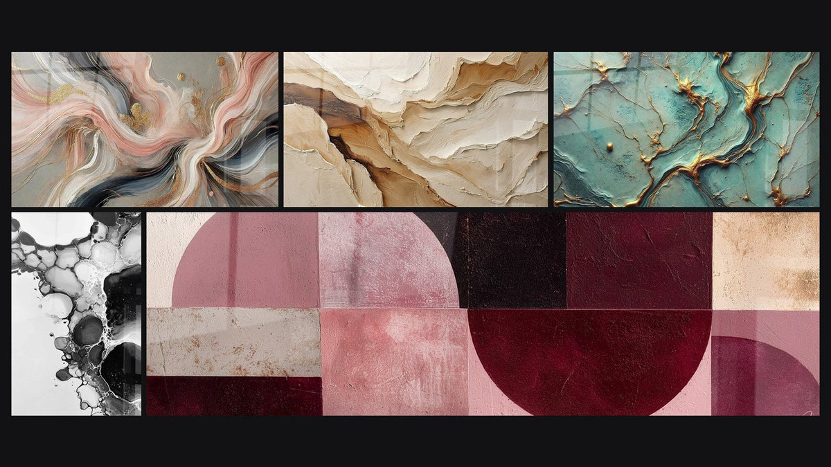 Mosaico de cinco cuadros, entre ellos Flujos de Seda, Burbujas abstractas y Abstracto Beige y Tierra