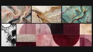 Mozaïek van vijf schilderijen, waaronder Zijden Stromen, Abstract Beige en Aardekleur en Gouden Rivieren