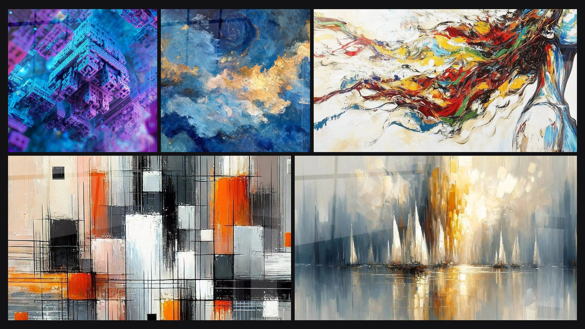Mosaïque de cinq tableaux, dont Architecture futuriste, Nuages dorés et Mécanique des couleurs