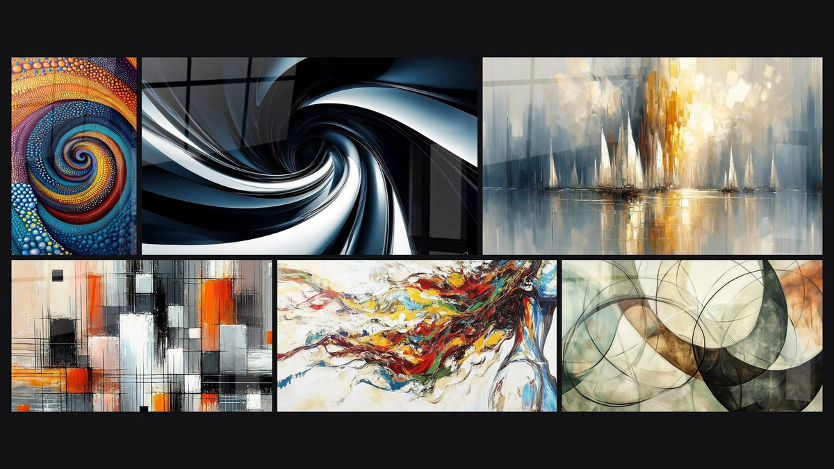 Mosaïque de six tableaux, dont Spirale colorée multicolore, Spirale dynamique noire et bleue et Mécanique des couleurs