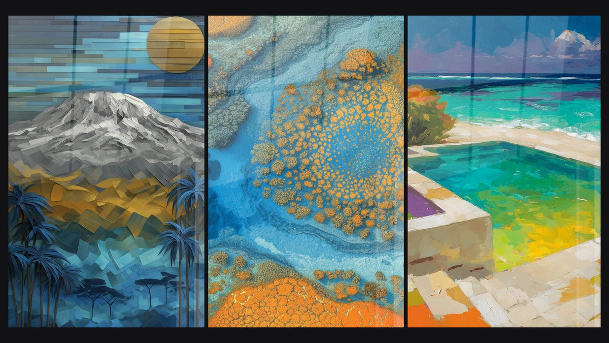 Mosaic of three paintings: Geometric Tropical Mountain, Coral Atoll and Infinity Pool Overlooking Turquoise Sea