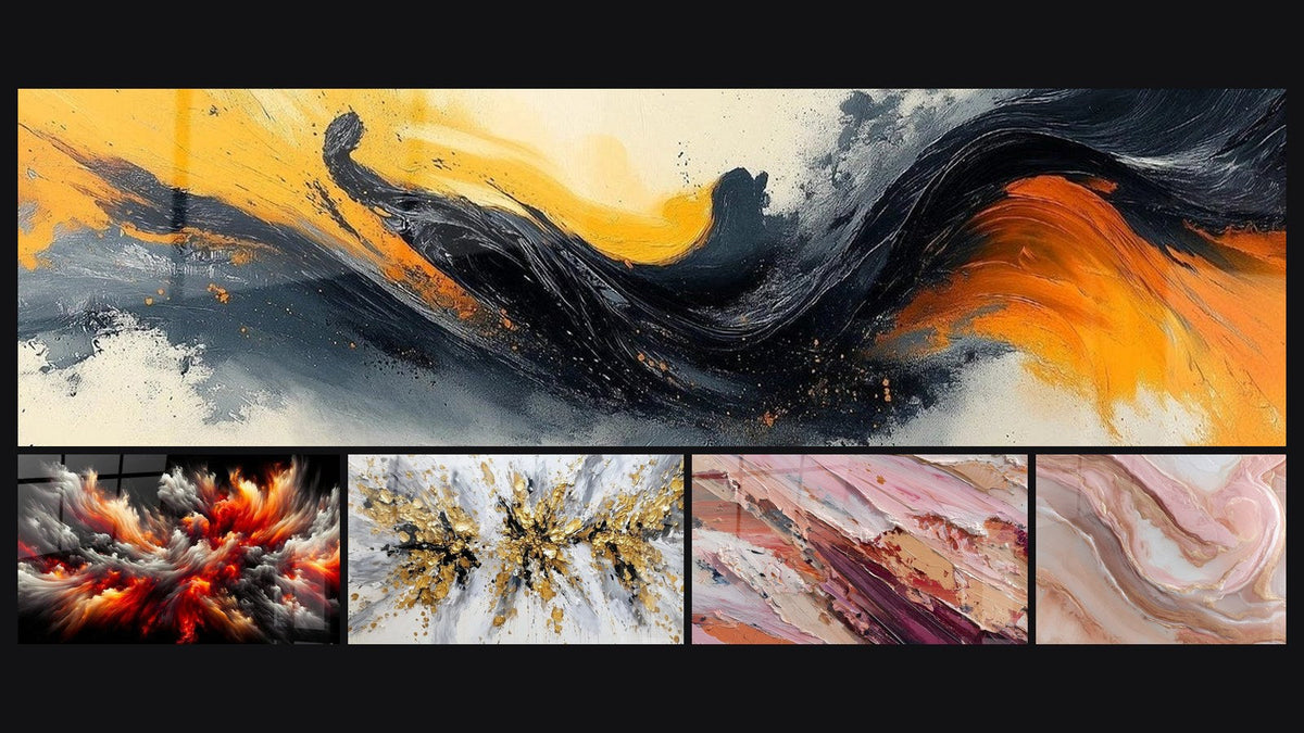Mosaico de cinco cuadros, entre ellos Sinfonía Contrastada Negra y Tormenta Solar Abisal