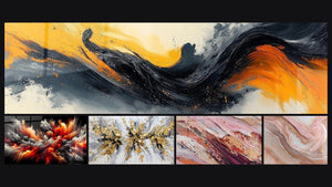 Mosaico de cinco cuadros, entre ellos Sinfonía Contrastada Negra y Tormenta Solar Abisal