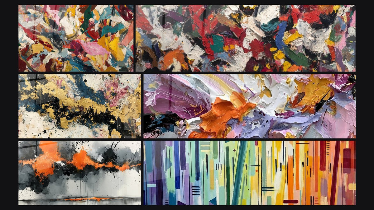 Mosaïque de six tableaux, dont Abstrait expressionniste, Peinture abstraite et Empâtements mauves et orangés en mouvement