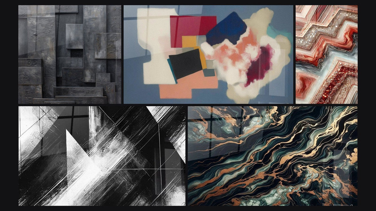 Mosaic of five paintings, including Geometric Forms Square Poetry, Convergence Points and Aurifer Flow
