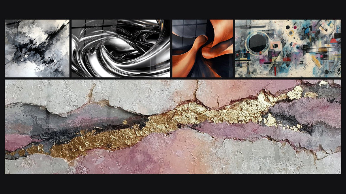 Mozaïek van vijf schilderijen, waaronder Koperkleurig Sculpturaal Elan en Abstract geometrische compositie