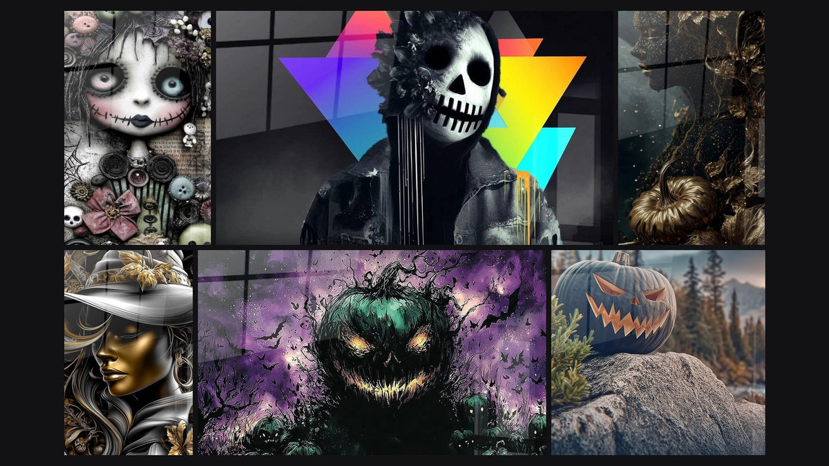 Mosaico de seis cuadros, entre ellos Muñeca Recuerdos Embrujados y Cráneo Réquiem Triangular