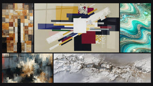 Mozaïek van vijf schilderijen, waaronder Geometrische Compositie Creatieve Spanning en Georganiseerde Chaos