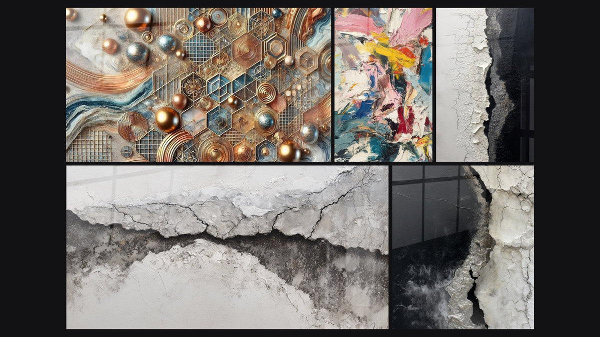 Mosaic of five paintings, including Copper Mosaic, Color Explosion and Abstract Black White Gray Cracked Textured