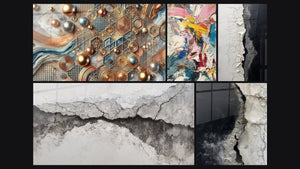 Mozaïek van vijf schilderijen, waaronder Mozaïek Koperen Tafel, Explosie van kleuren en Gespikkelde Textuur Wit en Zwart