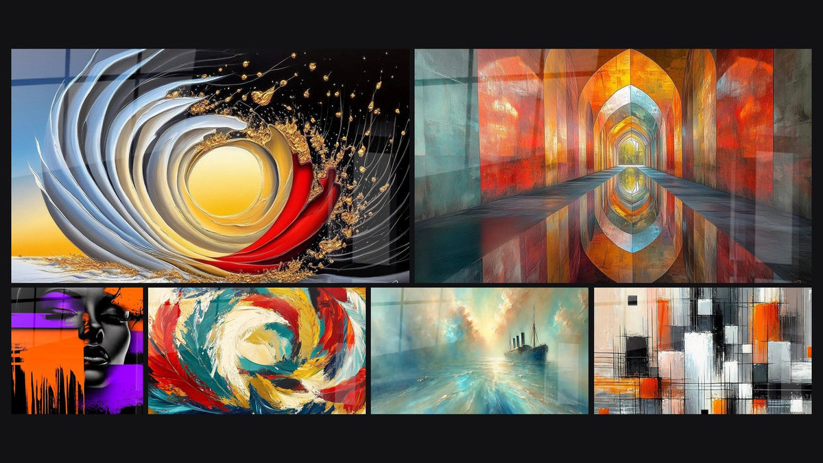 Mosaic of six paintings, including Explosive Golden Spiral, Colorful Modern Woman and Arched Iridescent Vermillion