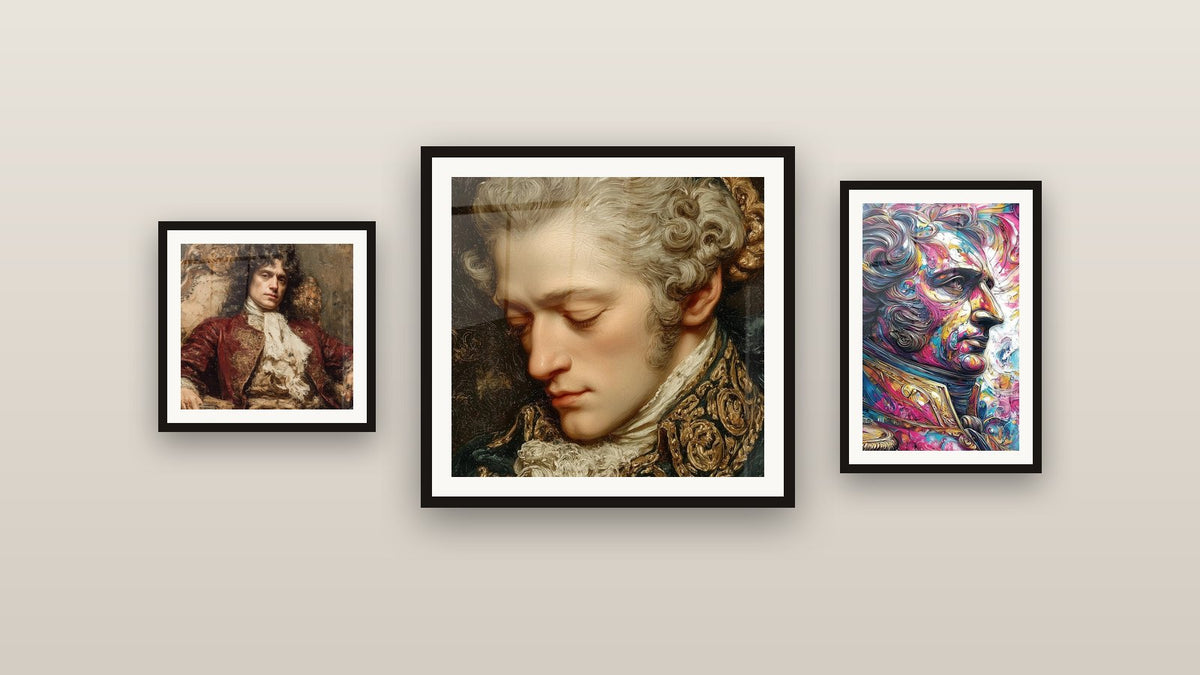 Gallery wall with three framed paintings, including Portrait Wall Art Swirling Soul