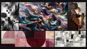 Mosaico de cinco cuadros, entre ellos Fragmentos del Absoluto, Serenata Mineral y Abstracto Mosaico Gris y Beige