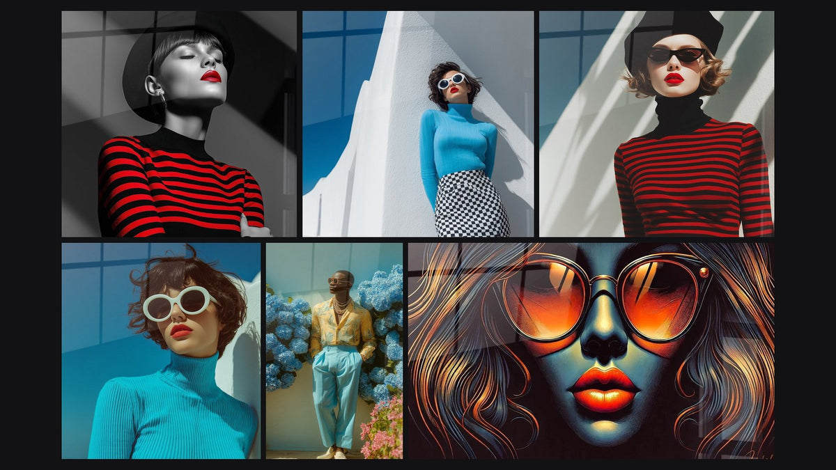 Mosaic of six paintings, including Woman with Black Hat and Red Stripes and Woman in Turquoise Sweater and Plaid Skirt