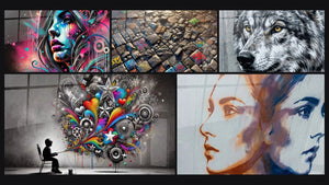 Mosaic of five paintings, including Street Art Wall Art No. 1, The Colors of the Pavement and The Urban Spirit
