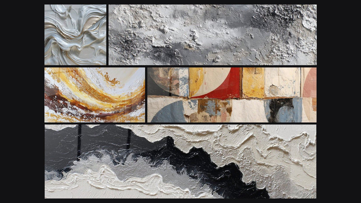 Mozaïek van vijf schilderijen, waaronder Abstracte geometrische vormen