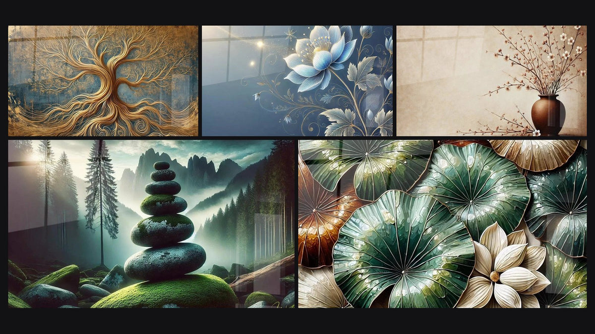 Mosaico di cinque quadri, tra cui Albero della Vita Eterna, Equilibrio Forestale e Fiore di Luce