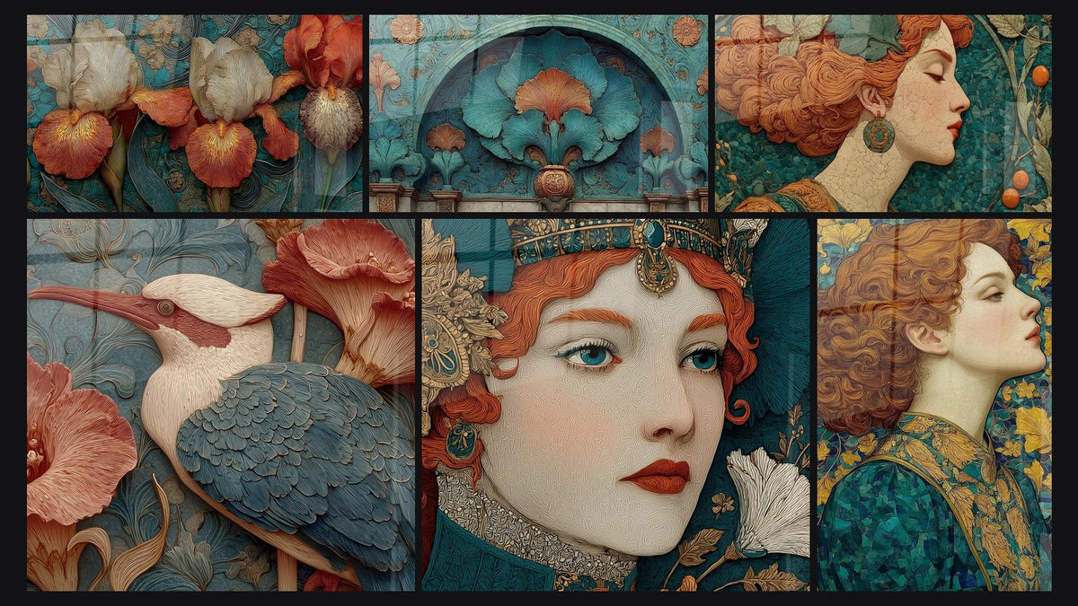 Mosaïque de six tableaux, dont Iris Splendeur Florale, Architecture Palais Aquatique et Femme Profil Contemplatif