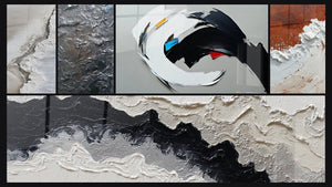 Mozaïek van vijf schilderijen, waaronder Abstract dynamisch en Abstract Aarde en Wit Dikke Textuur