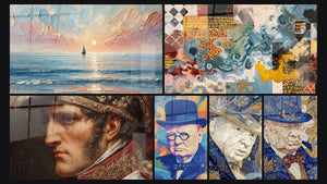 Mosaïque de six tableaux, dont Voyage au Crépuscule, Composition géométrique abstraite et Napoléon Regard d'Aigle
