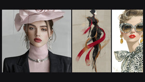 Mosaico de tres cuadros: Moda Alta Costura, Silueta Elegante en Vestido Negro y Rojo y Mujer gafas cebra y margarita blanca