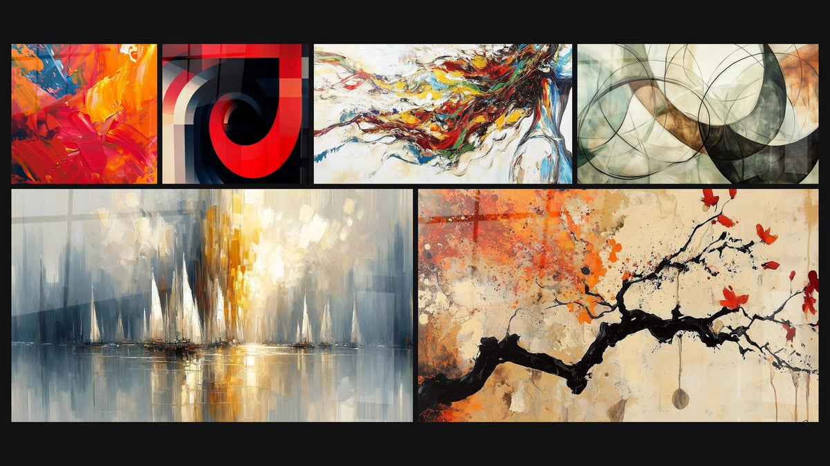 Mosaïque de six tableaux, dont Explosion de couleurs chaudes, Spirales concentriques rouge et noir et Aurore sur la Baie