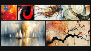 Mosaïque de six tableaux, dont Explosion de couleurs chaudes, Spirales concentriques rouge et noir et Aurore sur la Baie