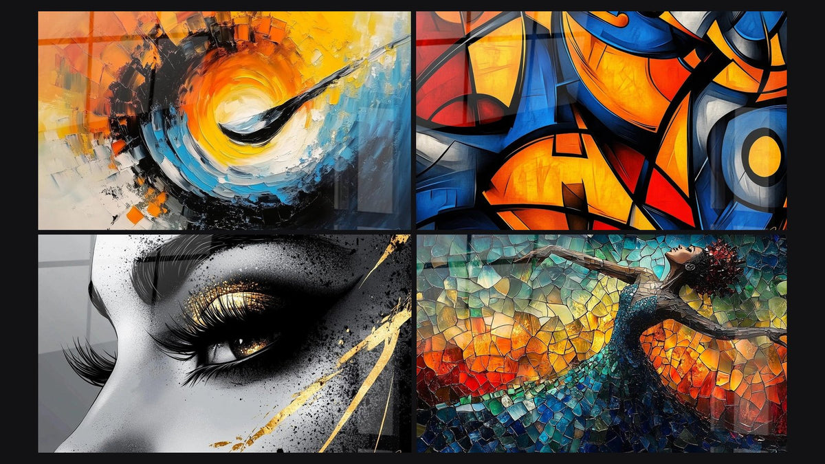 Mosaic of four paintings, including Dynamic Cosmic Spiral, Colored geometric shapes and Golden Tear Eye