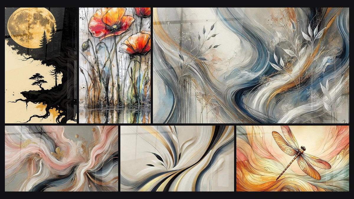 Mosaic of six paintings, including Awakening Black, Enveloping Nuances and Silk Flows