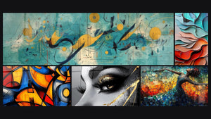 Mosaïque de cinq tableaux, dont Composition abstraite, Formes ondulantes fluides et Formes géométriques colorées
