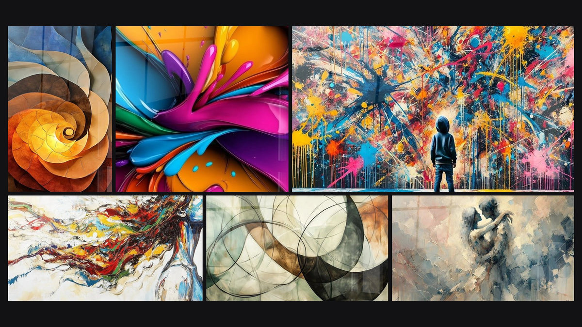 Mosaico di sei quadri, tra cui A spirale colorata, Esplosione di colori liquidi di e Muse Moderna