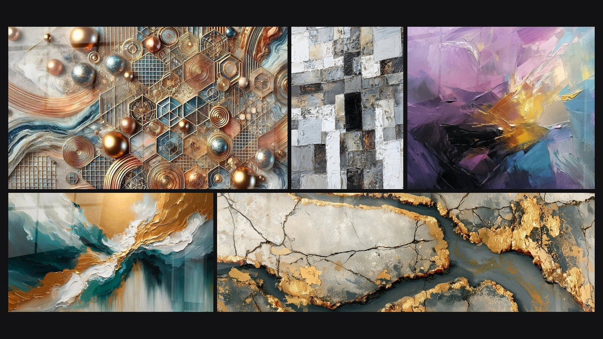 Mosaic of five paintings, including Copper Mosaic, Abstract Gray and White Mosaic and Abyss Light Abstract