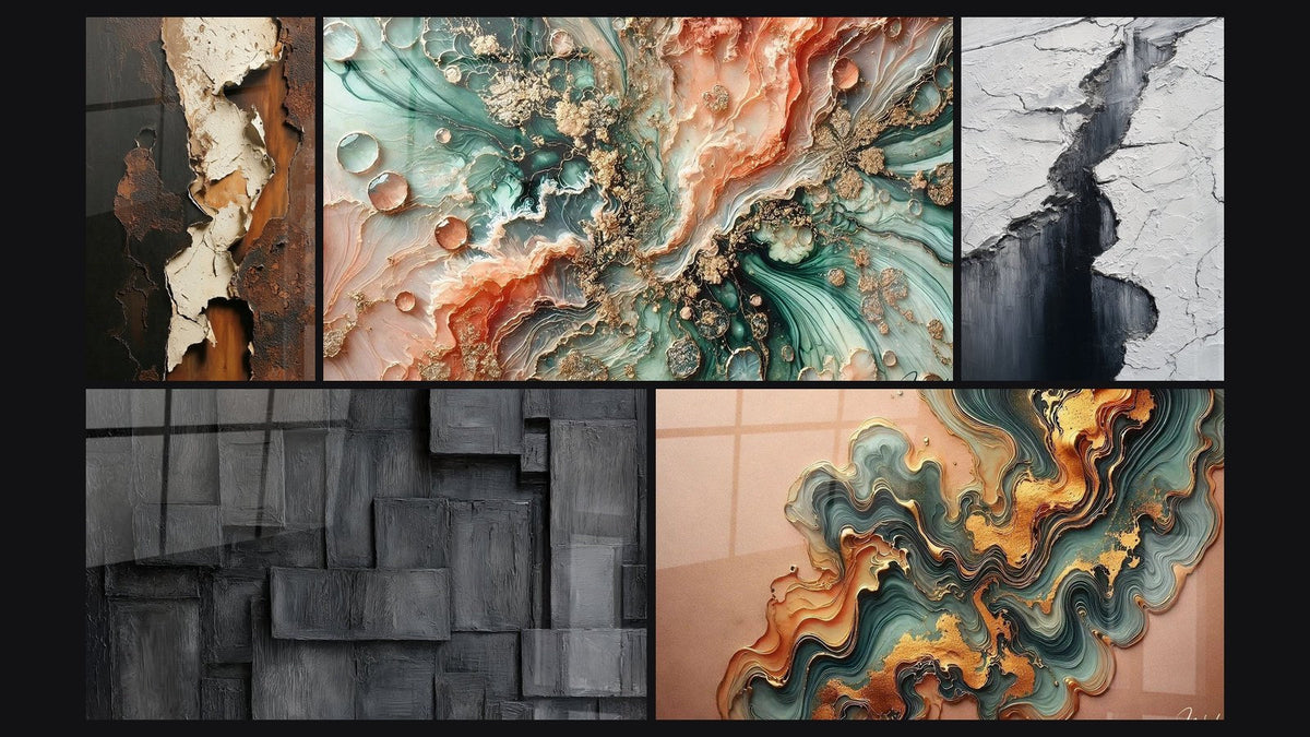 Mosaïque de cinq tableaux, dont Rêve Coralien, Onde Cuivré et Crevasse Glaciaire Gris et Noir