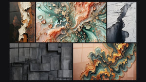 Mosaico de cinco cuadros, entre ellos Sueño Coralino, Ola de Cobre y Grieta Glaciar Gris y Negro