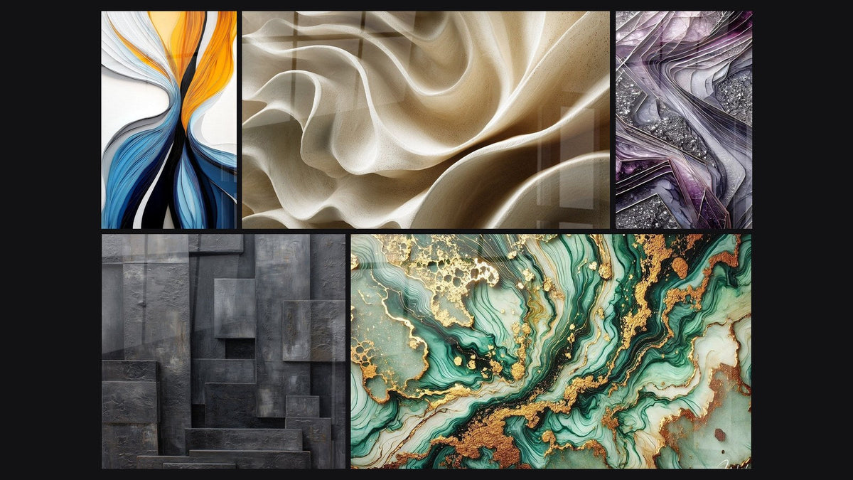 Mosaïque de cinq tableaux, dont Flux dynamiques colorés, Marbrures Mystiques et Lames de Quartz