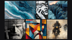 Mosaïque de six tableaux, dont Femme Émotionnelle, Soldat Aube Silencieuse et Roi Barbe d'Argent