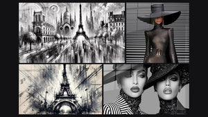 Mosaico de cuatro cuadros, entre ellos París en Blanco y Negro N°1, Torre Eiffel N°2 y Moda Parisina