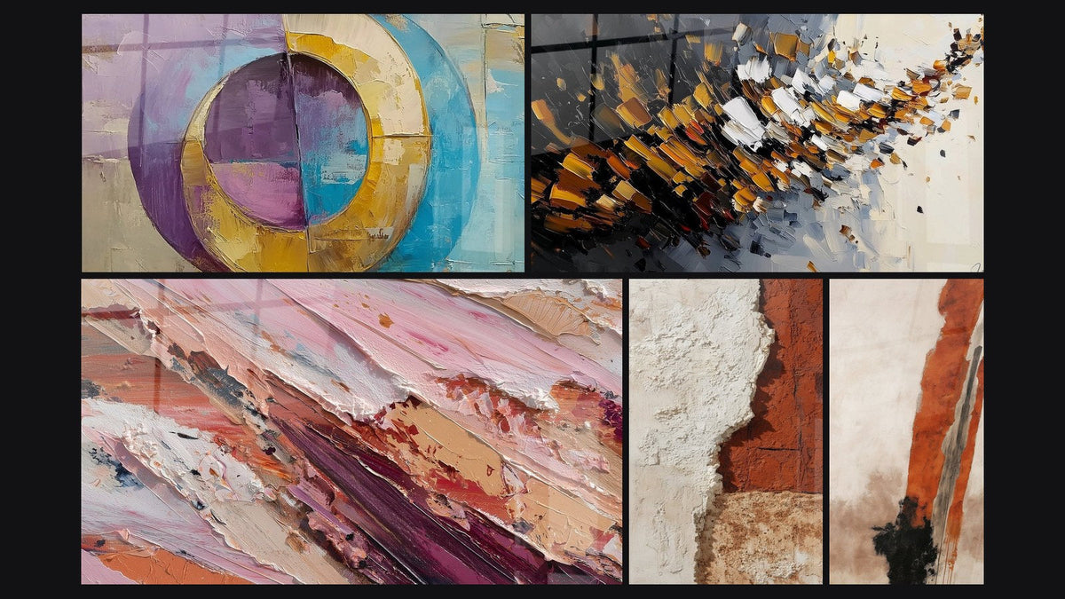 Mosaik aus fünf Gemälden, darunter Konzentrische farbige Kreise und Abstraktes Bild mit Rosé- und Erdtönen