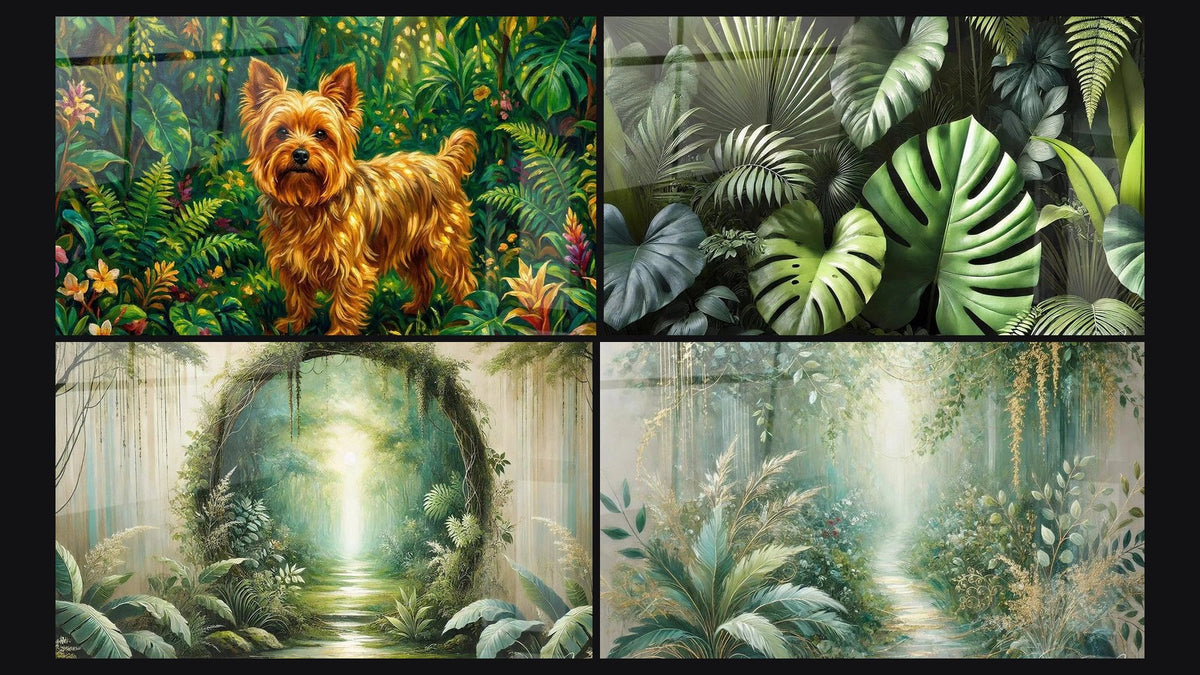 Mosaico de cuatro cuadros, entre ellos Perro Dorado en Jungla Tropical, Bosque de Hojas y Sendero Encantado