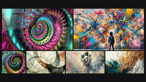 Mosaico de seis cuadros, entre ellos Espiral psicodélico multicolore, Espiral fractal multicolor y Los Lazos Invisibles