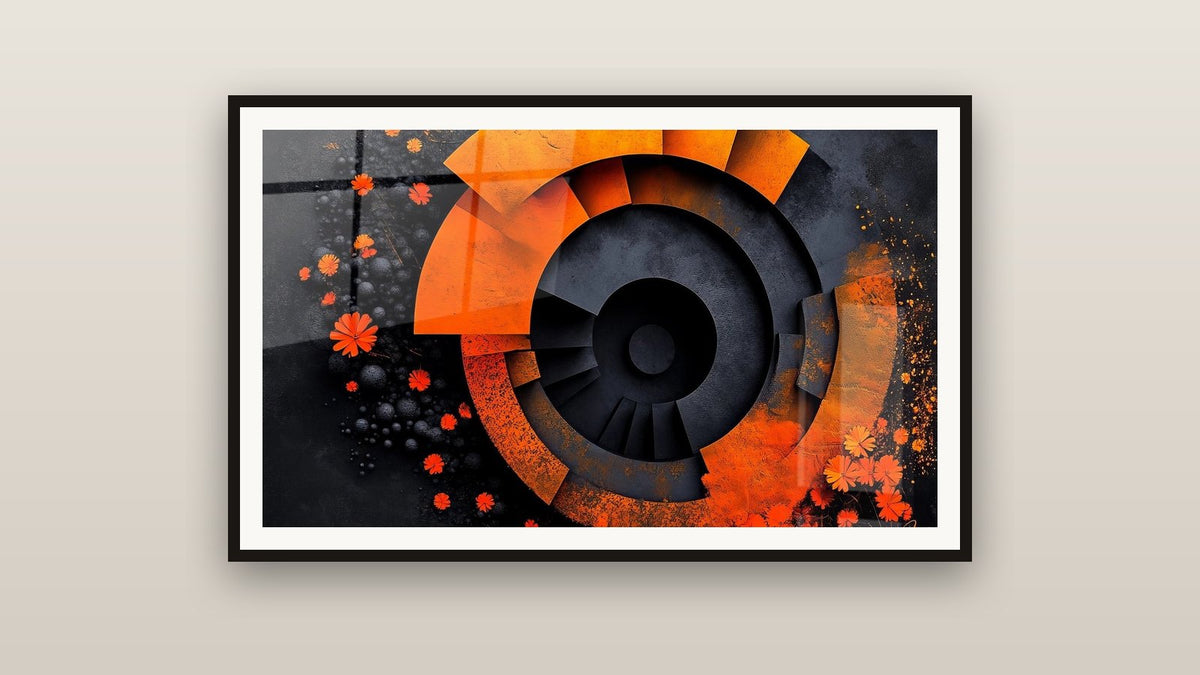 Ingelijst schilderij aan een muur: Dynamische oranje spiraalafbeelding
