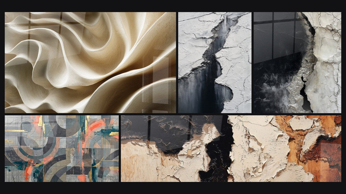 Mosaico di cinque quadri, tra cui Crepaccio Glaciale Grigio e Nero e Cerchi grigi e corallo intrecciati