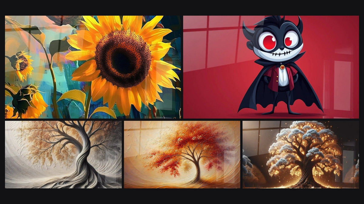 Mosaico di cinque quadri, tra cui Girasole N°1, Respiro della Terra e Danza delle Stagioni