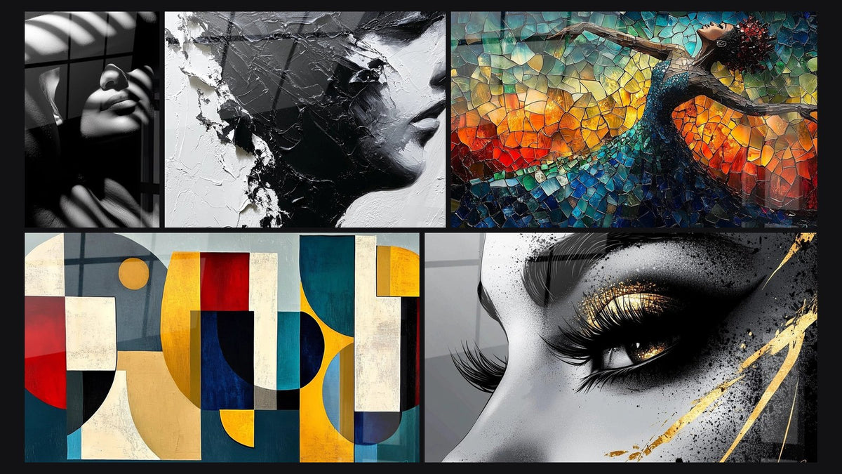 Mosaic of five paintings, including Woman Window Shadows, Women's Profile and Colored geometric shapes