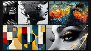 Mosaïque de cinq tableaux, dont Femme ombres fenêtre, Femme Profil et Formes géométriques colorées