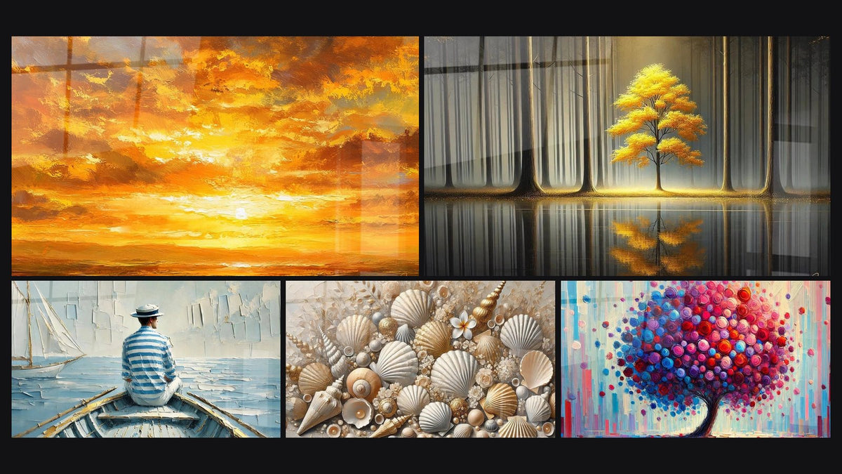 Mosaic of five paintings, including Ocean Sunset, The Art of Water and Jewels of the Sands