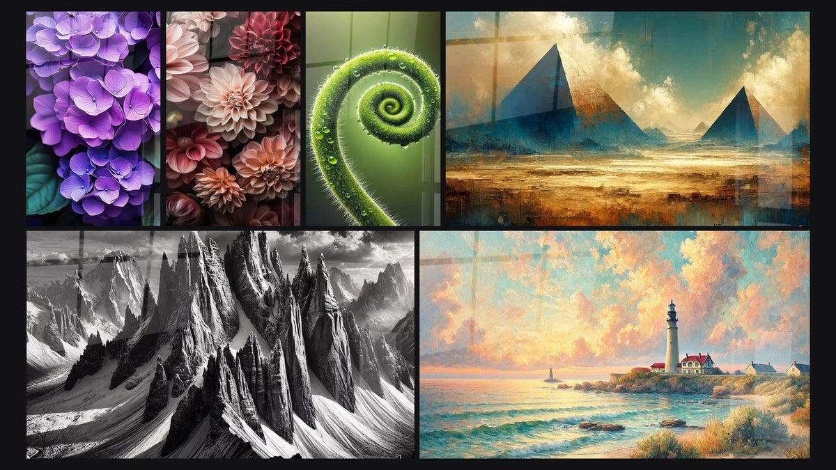 Mosaic of six paintings, including Hydrangea Wall Art No. 2, Dahlia Wall Art No. 4 and In the Shadow of Giants